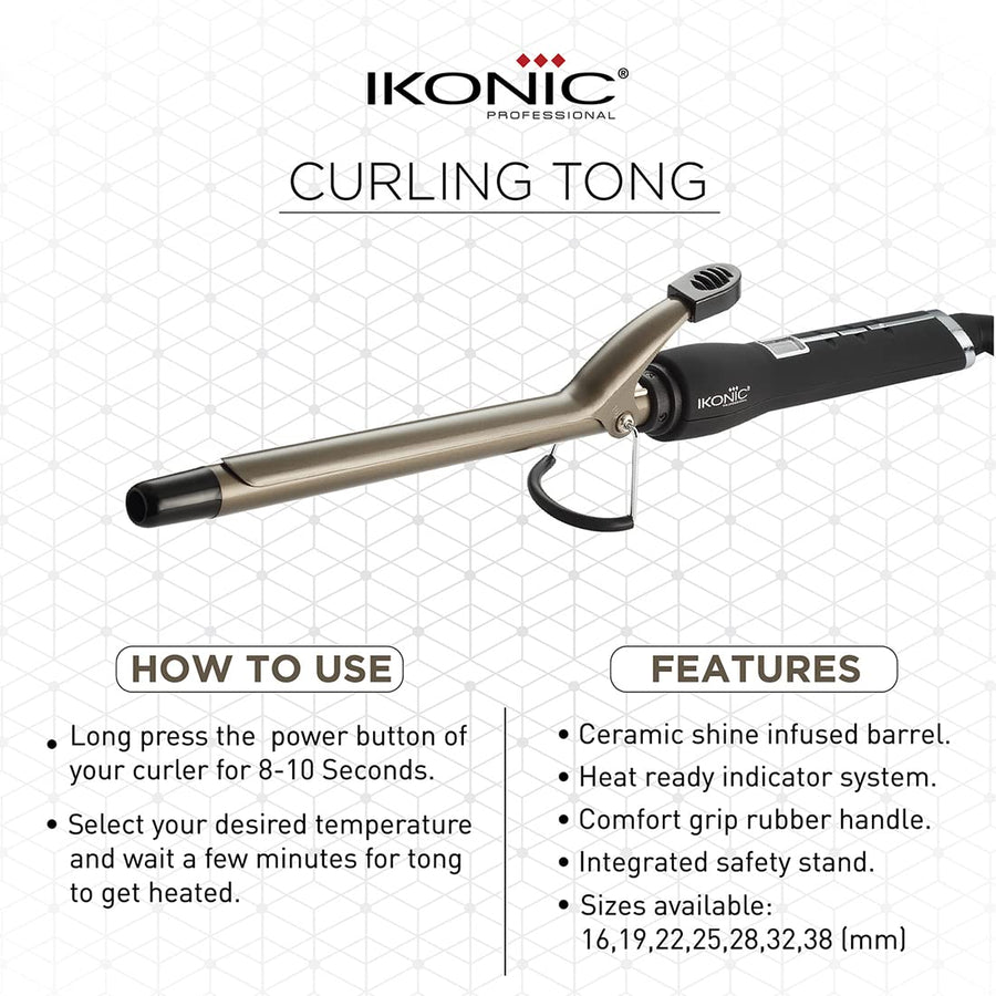 ikonic Professional Curling Tong Ceramic Shine Infused Barrel Heat Ready Indicator System CT-38