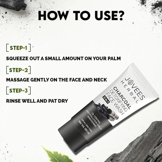 Jovees Herbal Activated Charcoal Detoxifying Face Wash For Anti Pollution, Deep Pore Cleansing, Oil Control, Removes Dirt & Impurities | Suitable for Acne Prone Skin 120 ML