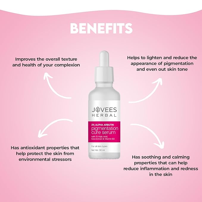 Jovees Herbal 2% Alpha Arbutin Pigmentation Cure Serum With 1% Kojic Acid, Cica Extract & Vitamin B3 | Reduces Blemishes & Improves Skin Texture | Brightens Skin | For All Skin Types | 30 ml
