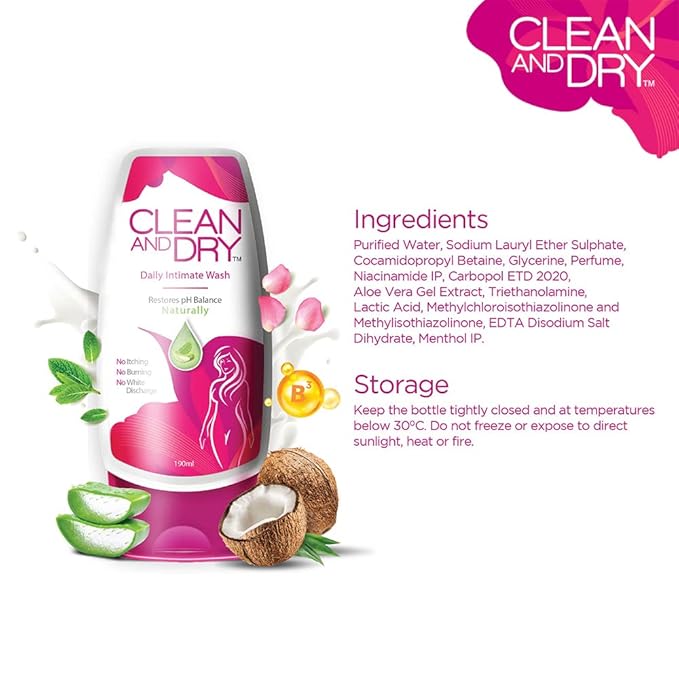 CLEAN & DRY | Daily Intimate Wash Restores pH Balance Naturally Mint Aloe Vera 190ml