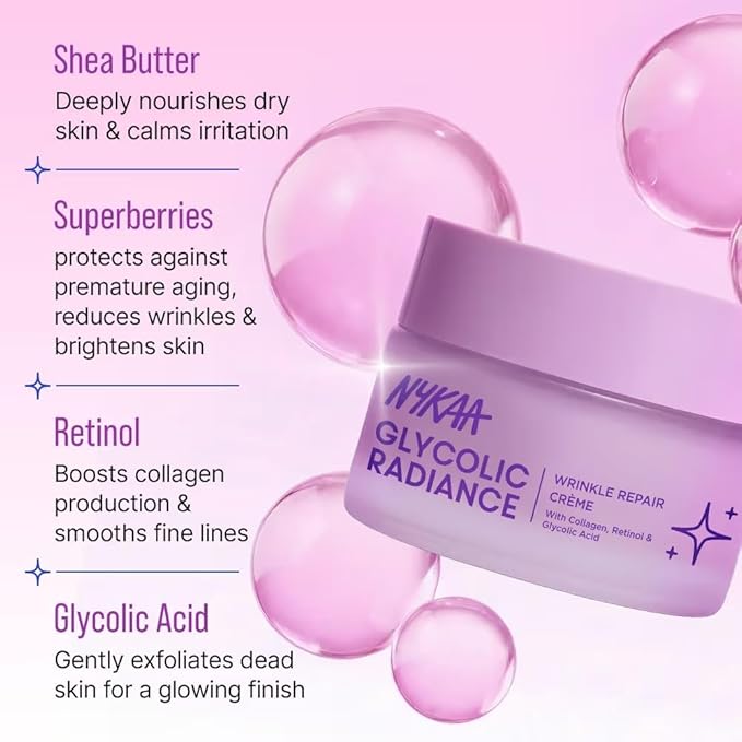Nykaa Glycolic Radiance Wrinkle Repair & Glow Creme, Grease-Free, for Dull Dry & Combination Skin (50ml)