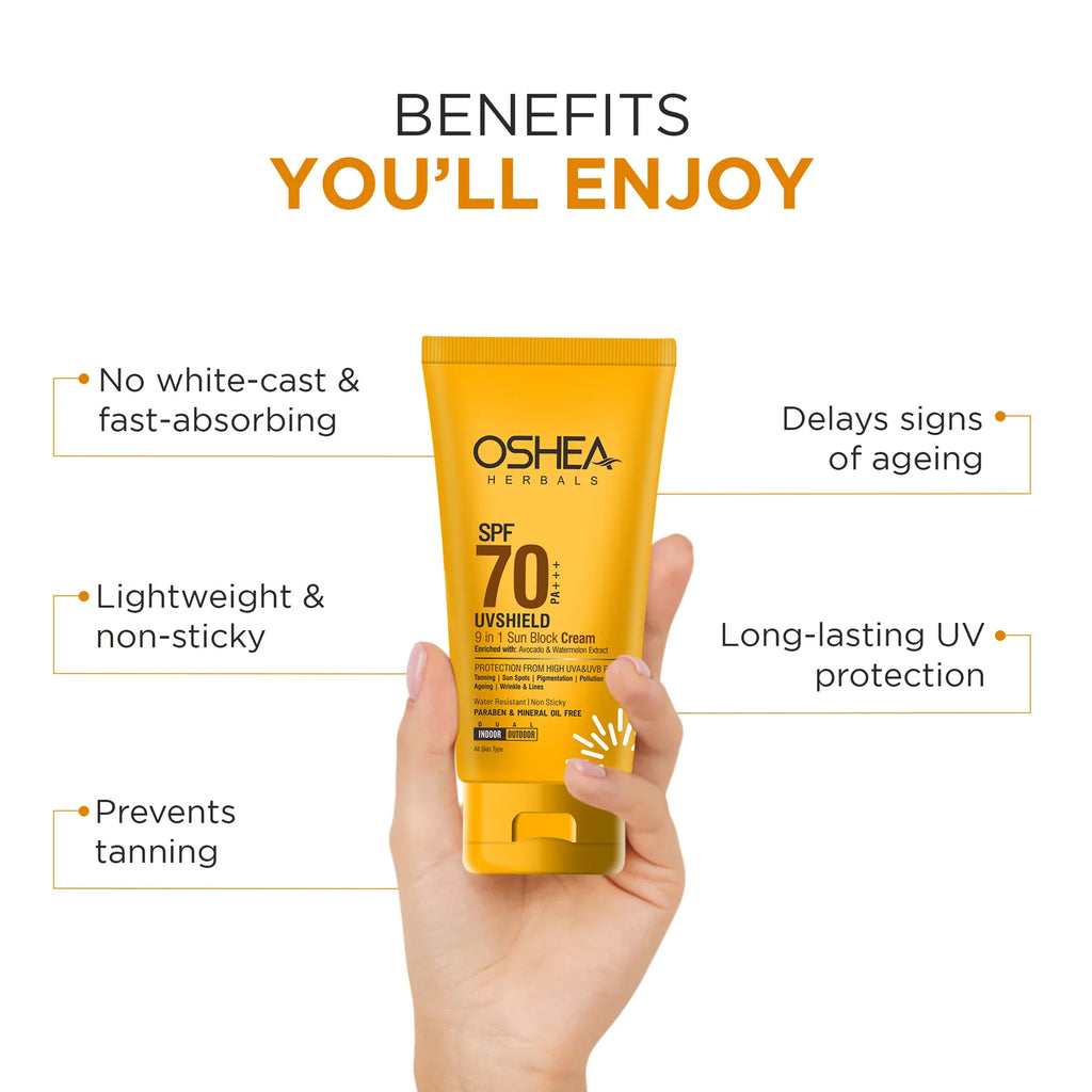 Oshea Herbals Uv Shield 9 In 1 Sun Block Cream SPF-70 PA+++ All Skin Type 60g