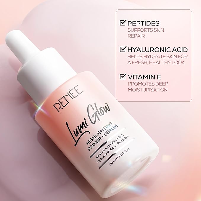 RENEE Lumi Glow Highlighting Primer + Serum | Hydrates, Promotes Even Skin Texture | Gives Luminous, 3D Glow | With Hyaluronic Acid, Peptides & Vitamin E | Base For Face Makeup | 30ml