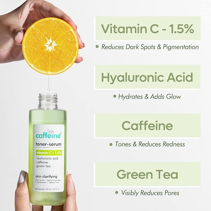 mCaffeine 1.5% Vitamin C 2in1 Face Toner-Serum with Green Tea Women & Men| Reduces Dark Spots & Pigmentation, Tightens Pores | Glowing Skin in 1 Use | 150ml