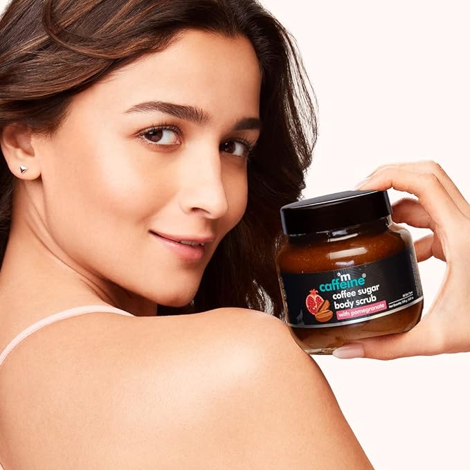 mCaffeine Coffee Sugar Body Scrub with Pomegranate for Gentle Exfoliation & Smoothening | Reduces Dead Skin, Tan & Scars | Fresh Pomegranate Aroma | Ultra Fine Scrub for Men & Women - 250g