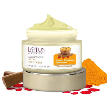 Lotus Herbals Radiance Boost Ubtan Face Cream SPF 20| Turmeric, Sandalwood and Rose Water| Glowing Skin|Reducing Dark Spots| Paraben free|Mineral Oil Free | 50gm