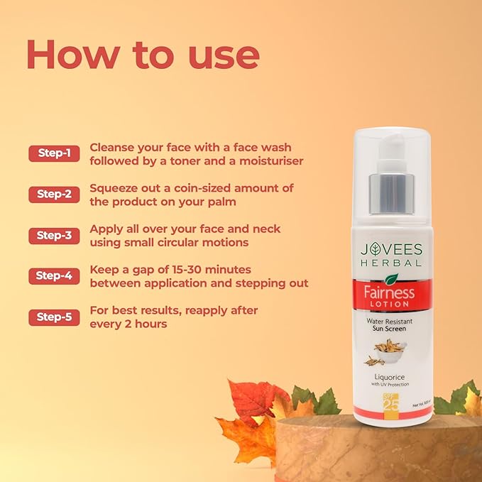 Jovees Herbal Sunscreen Fairness Lotion SPF 25 | For Oily, Sensitive, Dry Skin | Light Weight, Non Greasy, Quick Absorbing | Protects from Tanning & Uneven Skin Tone |Paraben And Alcohol Free | 100ML