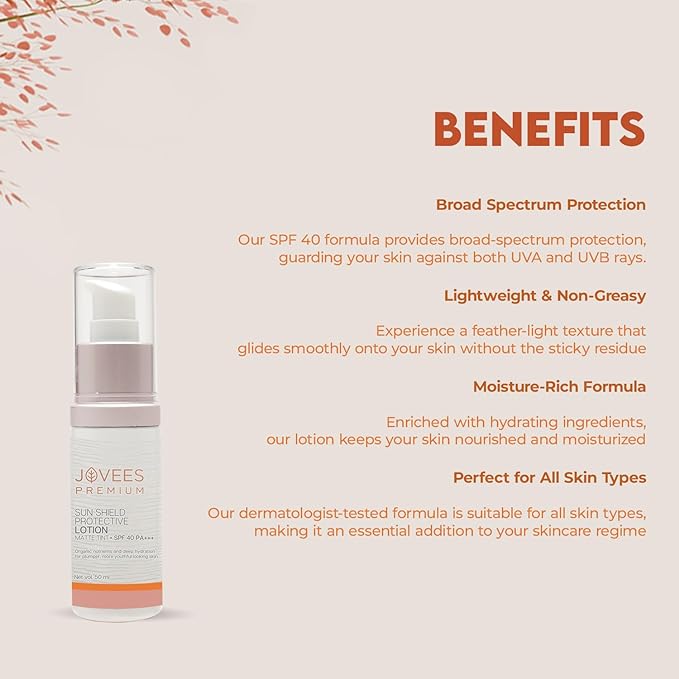 Jovees Premium Sun Shield Protective Lotion SPF 40 | Broad Spectrum PA+++ | Matte Tint | Infused with Organic Extracts | Lightweight and Oil Free 50ml