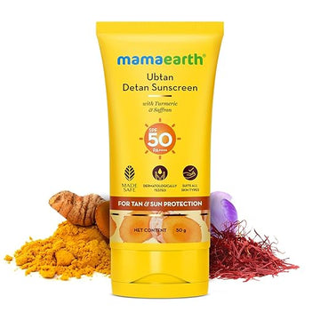 Mamaearth Ubtan Detan Sunscreen With Turmeric & Saffron - 50 g | SPF 50 & PA++++ For UVA/B Protection | Removes Tan | Brightens Skin | Non-Greasy & Lightweight | No White Cast | For All Skin Types