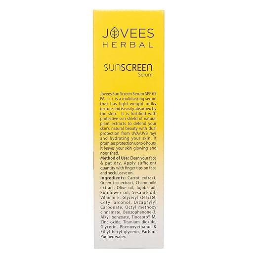 Jovees Herbal Sunscreen Face Serum SPF 65 with Green tea, Carrot and Sunflower extract, Broad spectrum Sun protection, Light weight & Water Resistant- For Oily & Acne Prone Skin - 30ml