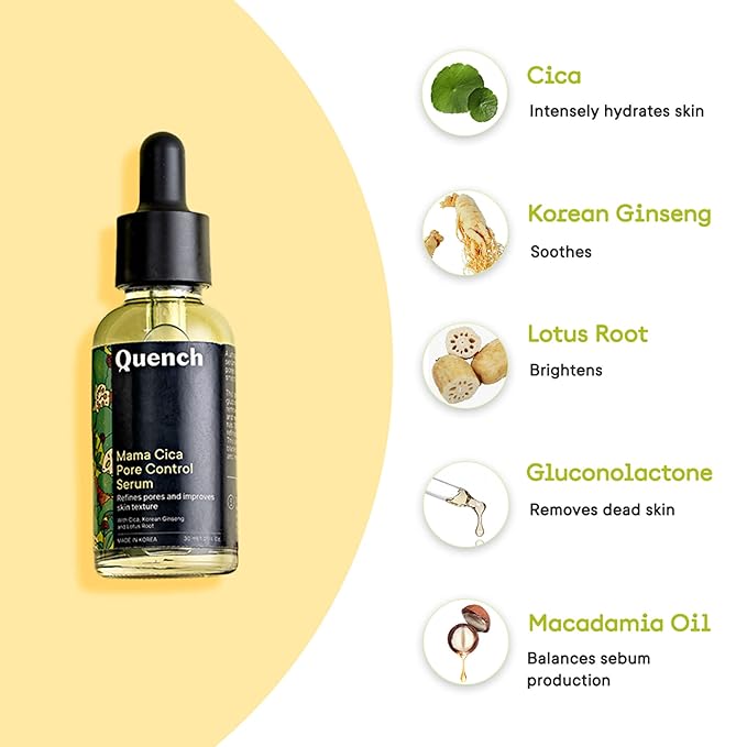 Quench Botanics Mama Cica Pore Control Serum | Refines pores and Improves Skin Texture| Cica, Korean ginseng and Lotus Root | Korean Skin Care 30ml