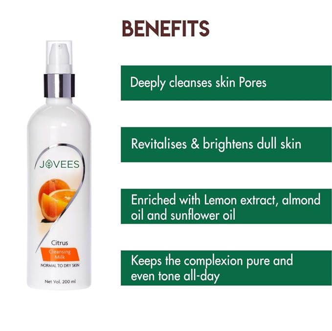 Jovees Herbal Citrus Cleansing Milk with Lemon Peel Extract, Almond & Coconut Oil | For Normal to Dry Skin 200ml