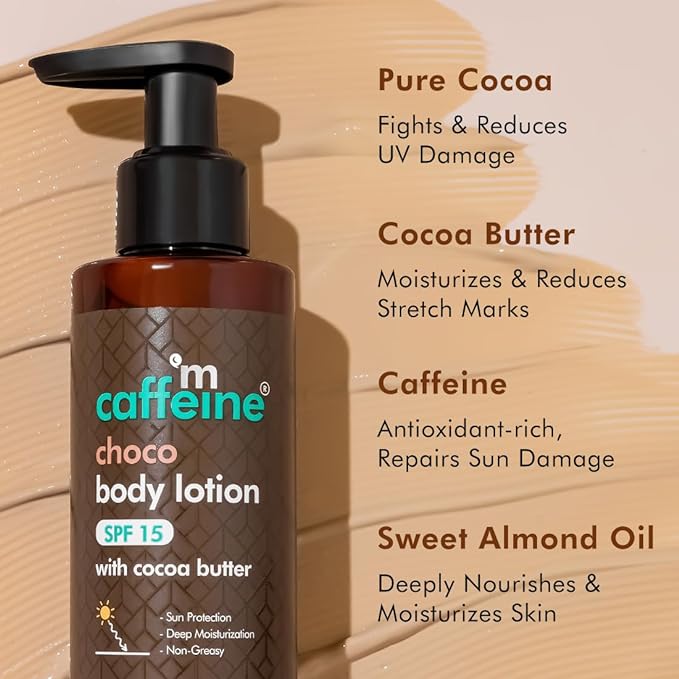 mCaffeine Deep Moisturizing Choco Body Lotion with SPF for Sun Protection | All Season Moisturizer for Body with Cocoa Butter & Shea Butter | Non-Sticky Body Lotion for Women & Men (150ml)