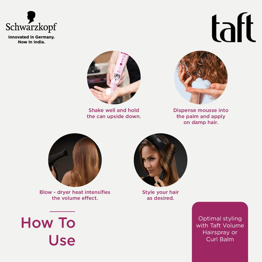 Schwarzkopf Taft Locken Hair Mousse, For long lasting curls, Weather-proof formula, Hold 3 with no stickiness