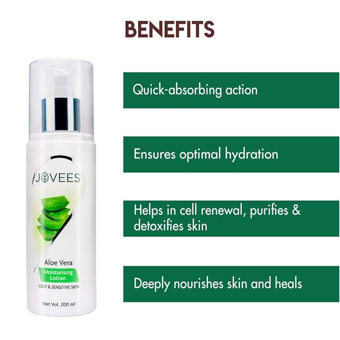 Jovees Aloe Vera Moisturising Lotion |With Sandal And Peach Extract |Nousishes, Heals and Hydrates Skin | For Oily And Sensitive Skin | Alcohol And Paraben Free |, 200ml