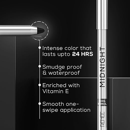 RENEE Midnight Kohl Pencil - Darkest black - One-Swipe-Application with rich color Payoff - Smudgeproof and waterproof - Enriched with Vitamin E, Olive Oil and Castor Oil - 1.5 Gm
