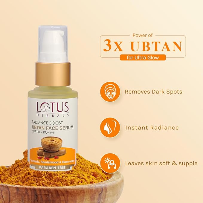 Lotus Herbals Radiance Boost Ubtan Face Serum SPF 20| Turmeric, Sandalwood and Rose Water | Glowing Skin |Reducing Dark Spots | Paraben free |Mineral Oil Free | 30ml