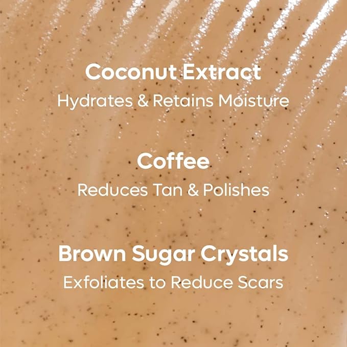 mCaffeine Coffee Sugar Body Scrub with Coconut for Gentle Exfoliation & Smoothening | Reduces Dead Skin, Tan & Scars | Even Toned Skin with Coconut Aroma | Ultra Fine Scrub for Men & Women - 250g