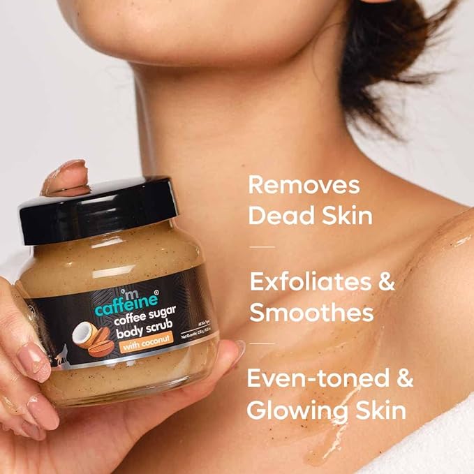 mCaffeine Coffee Sugar Body Scrub with Coconut for Gentle Exfoliation & Smoothening | Reduces Dead Skin, Tan & Scars | Even Toned Skin with Coconut Aroma | Ultra Fine Scrub for Men & Women - 250g