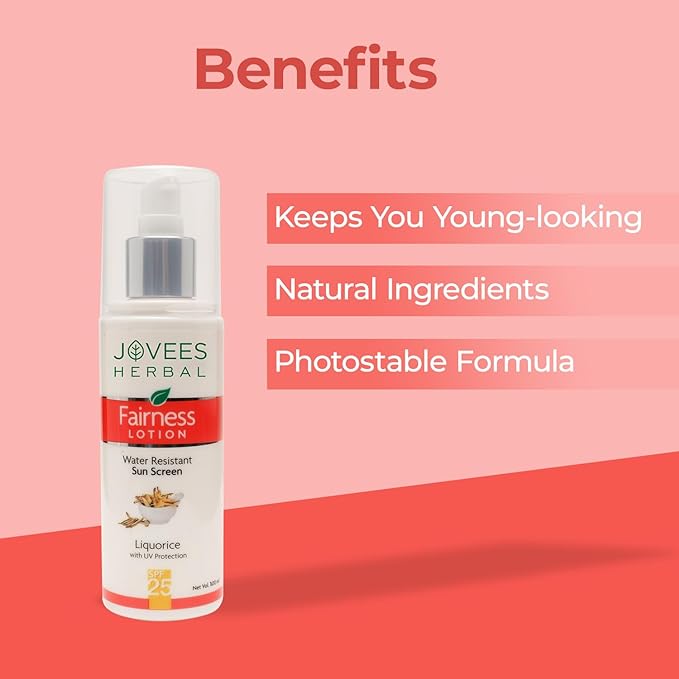 Jovees Herbal Sunscreen Fairness Lotion SPF 25 | For Oily, Sensitive, Dry Skin | Light Weight, Non Greasy, Quick Absorbing | Protects from Tanning & Uneven Skin Tone |Paraben And Alcohol Free | 100ML