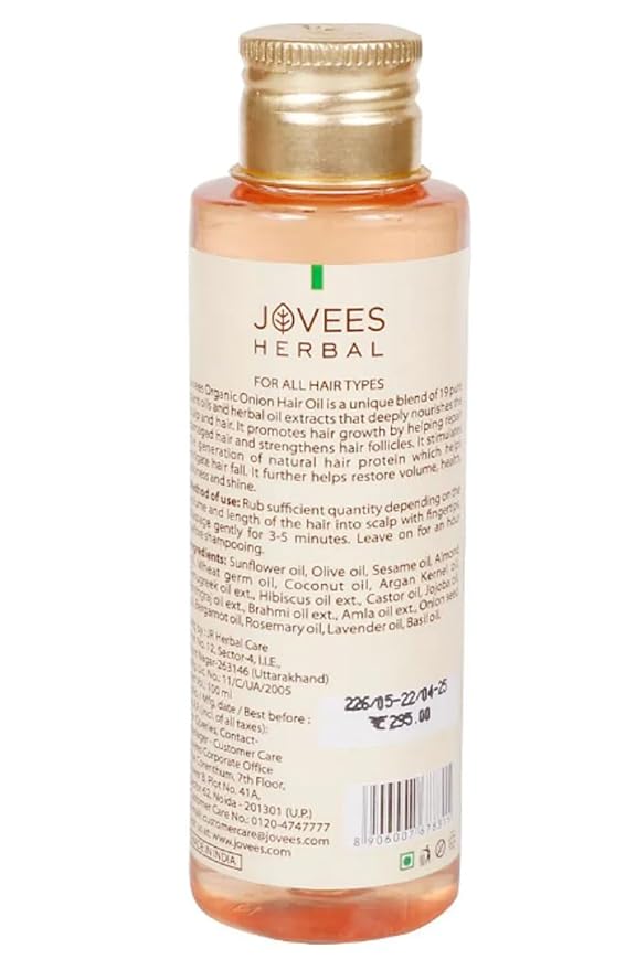 Jovees Herbal Organic Onion Hair Oil 100ML | Controls Hair Fall, Promotes Growth | Contains Onion Seed Oil, Olive oil, Sesame oil, Almond oil | Suitable for All Hair Types 100ML