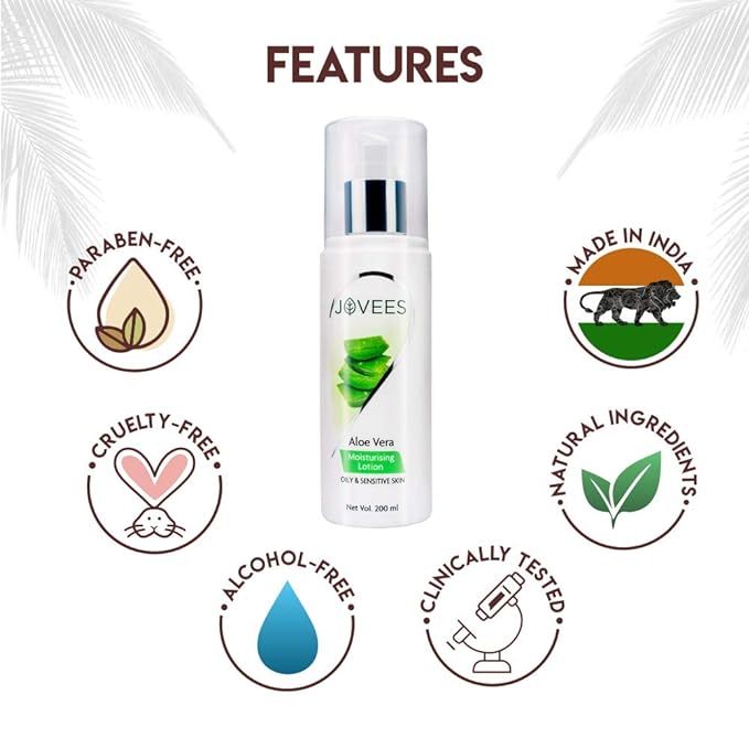 Jovees Aloe Vera Moisturising Lotion |With Sandal And Peach Extract |Nousishes, Heals and Hydrates Skin | For Oily And Sensitive Skin | Alcohol And Paraben Free |, 200ml