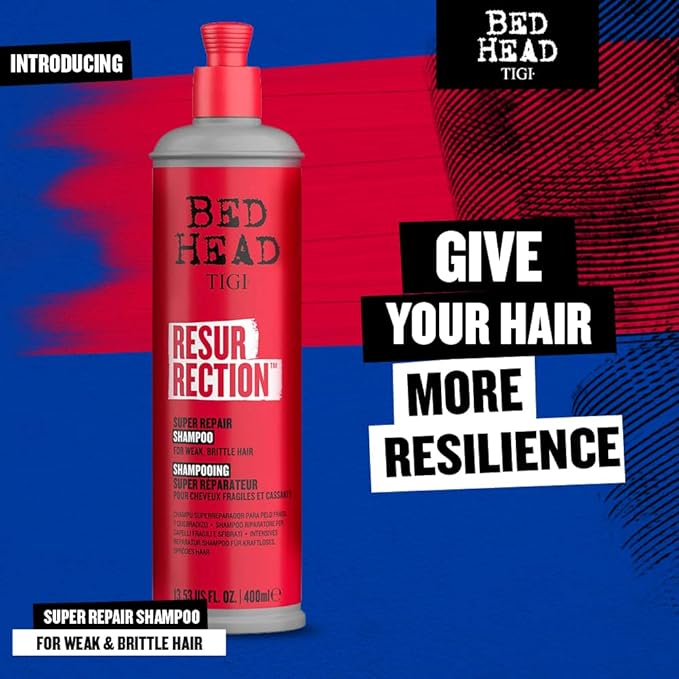 Bed Head TIGI Resurrection Super Repair Shampoo For Weak and Brittle Hair, Damage Repair Shampoo For Nourished and Healthy Hair, Gives Shiny Smooth and Resilient Hair, Juicy Fruity Fragrance, 400ml