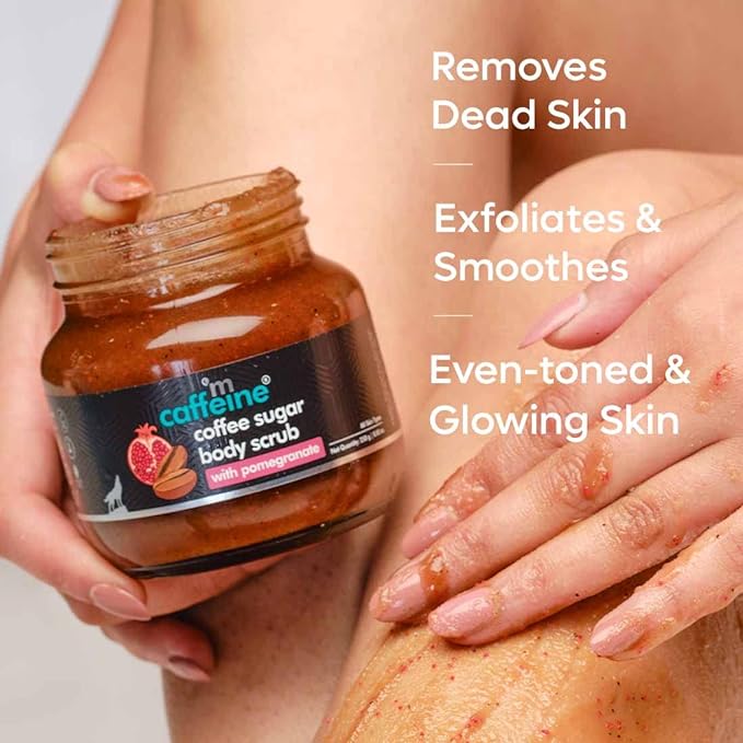 mCaffeine Coffee Sugar Body Scrub with Pomegranate for Gentle Exfoliation & Smoothening | Reduces Dead Skin, Tan & Scars | Fresh Pomegranate Aroma | Ultra Fine Scrub for Men & Women - 250g