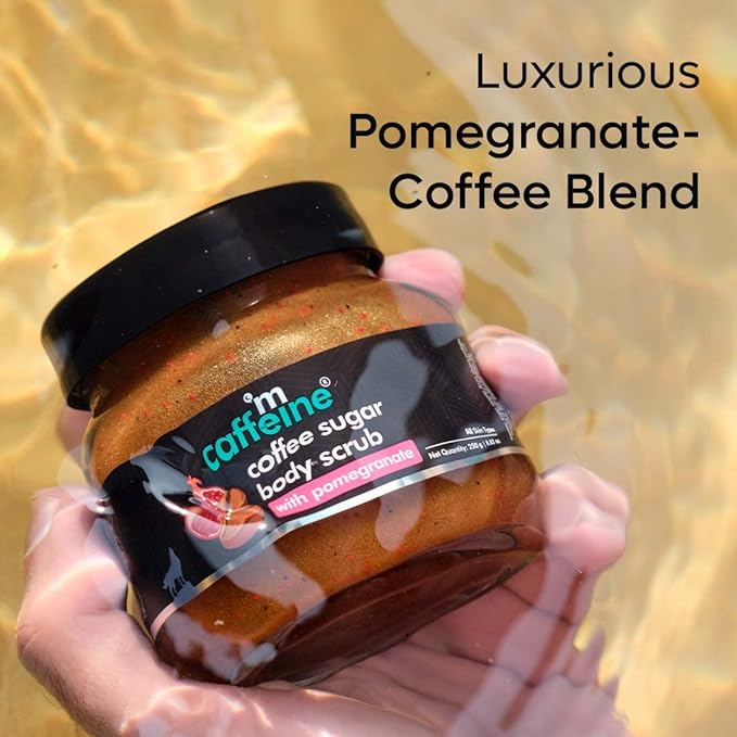 mCaffeine Coffee Sugar Body Scrub with Pomegranate for Gentle Exfoliation & Smoothening | Reduces Dead Skin, Tan & Scars | Fresh Pomegranate Aroma | Ultra Fine Scrub for Men & Women - 250g