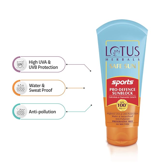 Lotus Herbals Safe Sun Sports Pro-Defence Sunscreen Cream SPF 100 PA+++, Sweat & Waterproof, Preservatives Free, 80g