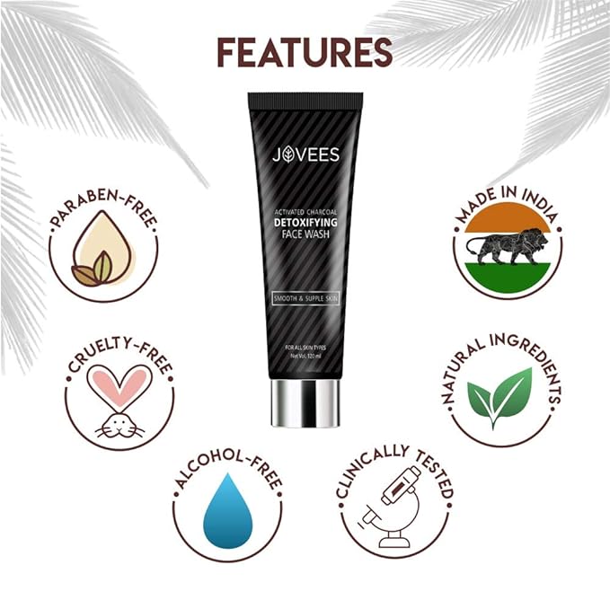 Jovees Herbal Activated Charcoal Detoxifying Face Wash For Anti Pollution, Deep Pore Cleansing, Oil Control, Removes Dirt & Impurities | Suitable for Acne Prone Skin 120 ML