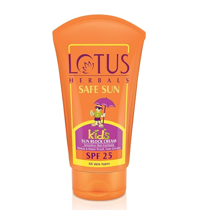 Lotus Herbals Safe Sun Kids Sunblock Cream SPF 25, Sensitive Skin Formula, Sweat & Waterproof Sunscreen, 100g,White