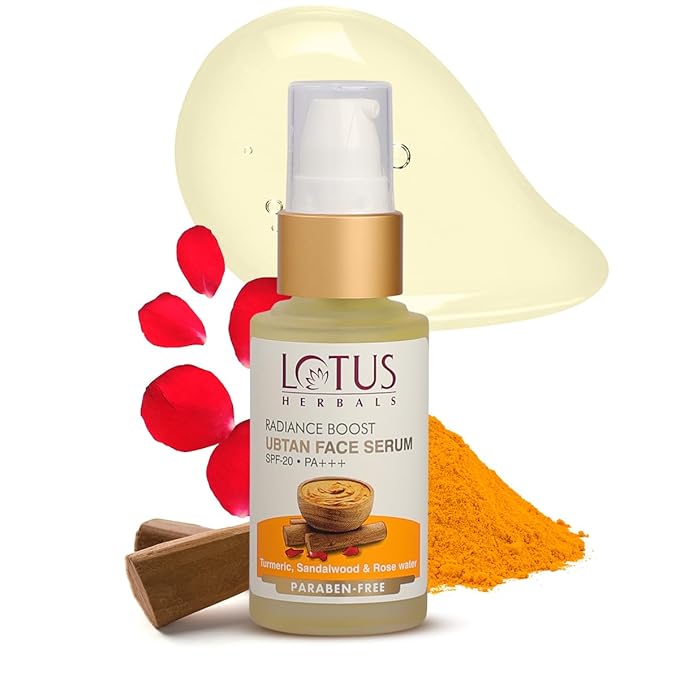 Lotus Herbals Radiance Boost Ubtan Face Serum SPF 20| Turmeric, Sandalwood and Rose Water | Glowing Skin |Reducing Dark Spots | Paraben free |Mineral Oil Free | 30ml