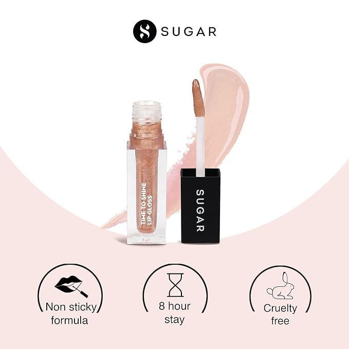 SUGAR Cosmetics - Time To Shine - Lip Gloss - 10 Princess Aurora (Golden beige with Shimmer) - 4.5 gms - High Shine Lip Gloss with Jojoba Oil