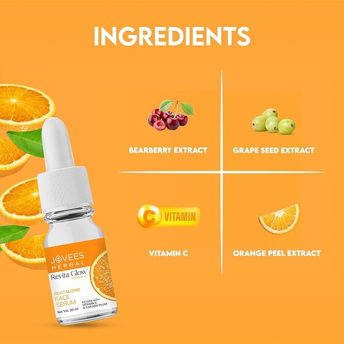 Jovees Herbal Revita Glow Vitamin C Face Serum Infused with Vitamin C & Kakadu Plum | For Skin Brightening & Hyperpigmentation | For All Skin Type | 30ml