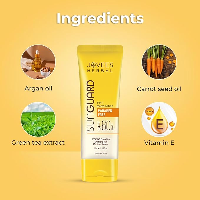 Jovees Herbal Sun Guard Lotion SPF 60 PA++++ | 3 in 1 Matte Lotion | Daily Use, UVA/UVB Protection, Moisture Balance, Even Tone Skin | Boot star 4 Rating | For Women/Men 100ML