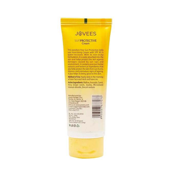 Jovees Herbal Sun Protective Sunscreen SPF 40, 100g | Lightweight and Oil Free - UVA & UVB Protection | Normal to Dry Skin Types | Paraben & Alcohol Free