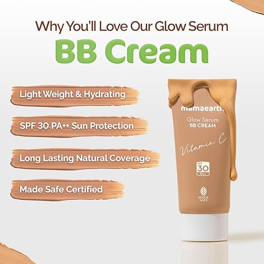 Mamaearth Glow Serum BB Cream with Vitamin C & Turmeric - 25 g | Long Lasting Natural Coverage | SPF 30 PA++ Sun Protection| Lightweight & Hydrating