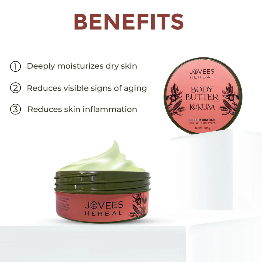 Jovees Kokum Body Butter for Dry & Rough Skin | Deep Nourishment, Non-Sticky 200gm