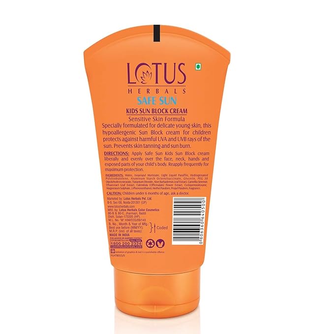 Lotus Herbals Safe Sun Kids Sunblock Cream SPF 25, Sensitive Skin Formula, Sweat & Waterproof Sunscreen, 100g,White