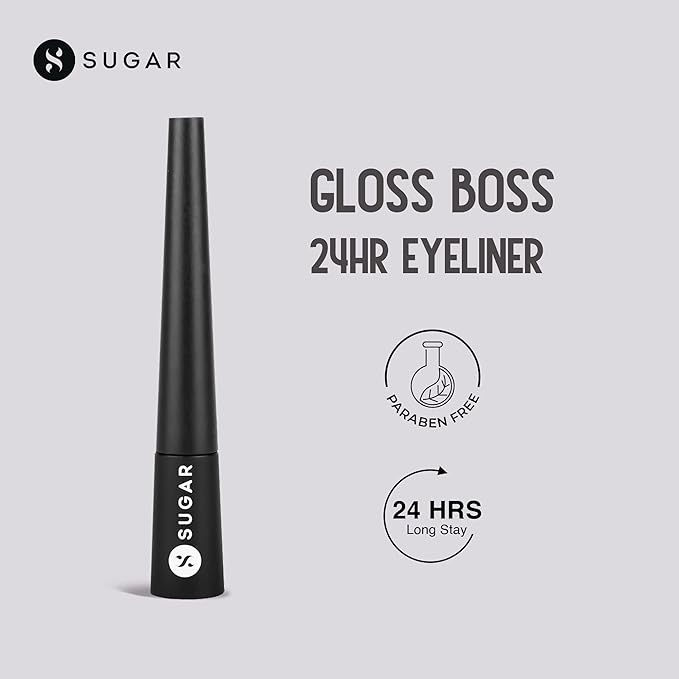 SUGAR Cosmetics Gloss Boss 24HR Eyeliner with Brush | Smudeproof & Waterproof - 01 Back In Black (Black Eyeliner) | 3ml