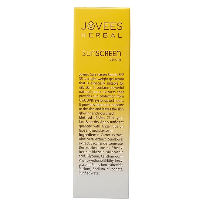 Jovees Herbal Sunscreen Face Serum SPF 35 with Aloe Vera, Carrot and Sunflower Extract, Advanced Light Weight Gel Based Formula For Sun Protection 30ml - For Oily & Acne Prone Skin