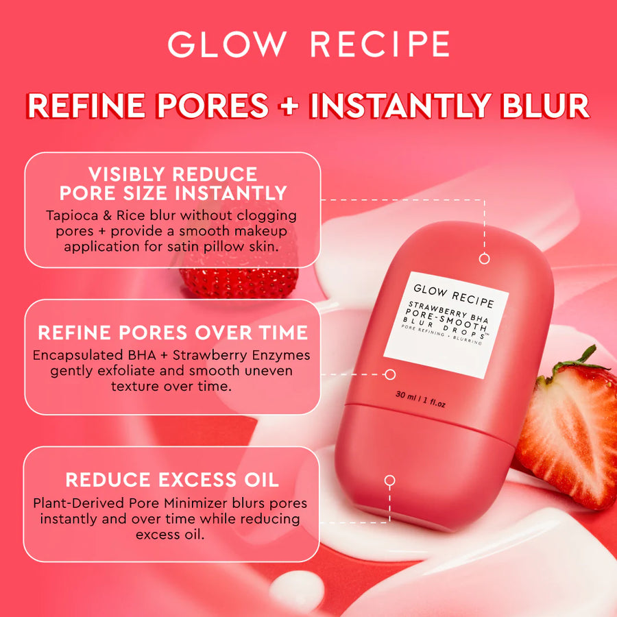 Glow Recipe Strawberry Bha Pore Smooth Blur Drops Serum Treatment + Primer Soin +Base 30ml