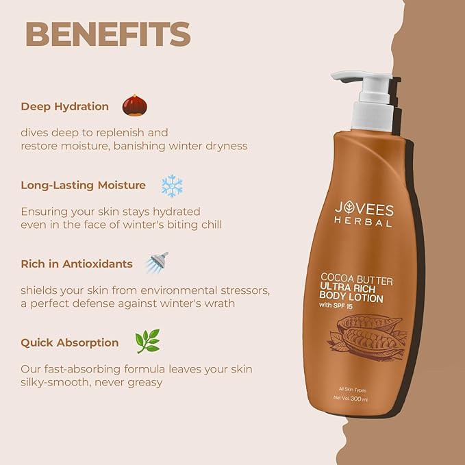 Jovees Cocoa Butter Body Lotion Provides Deep Moisturisation | Non Sticky Body Moisturizer With Cocia Butter | Winter Body Lotion For Smooth and Healthy Looking Skin | For Very Dry Skin 300ml