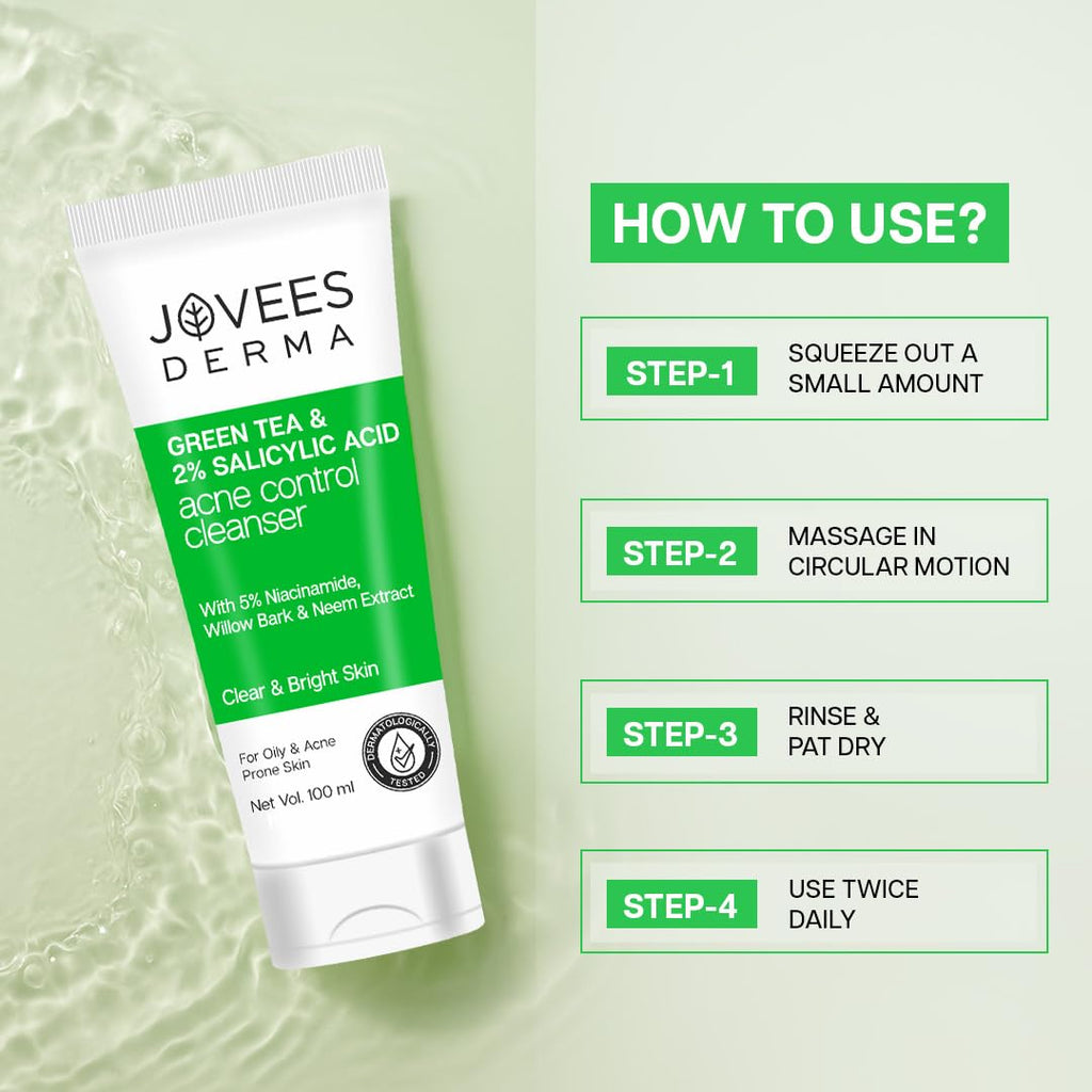 Jovees Herbal Derma Green Tea Pore Cleansing Face Wash For Acne Prone Skin,Salicylic Acid With Green Tea,Fight Pimples & Control Excess Oil,Gentle & Non-Drying Formula,Oily & Acne Prone Skin 100Ml