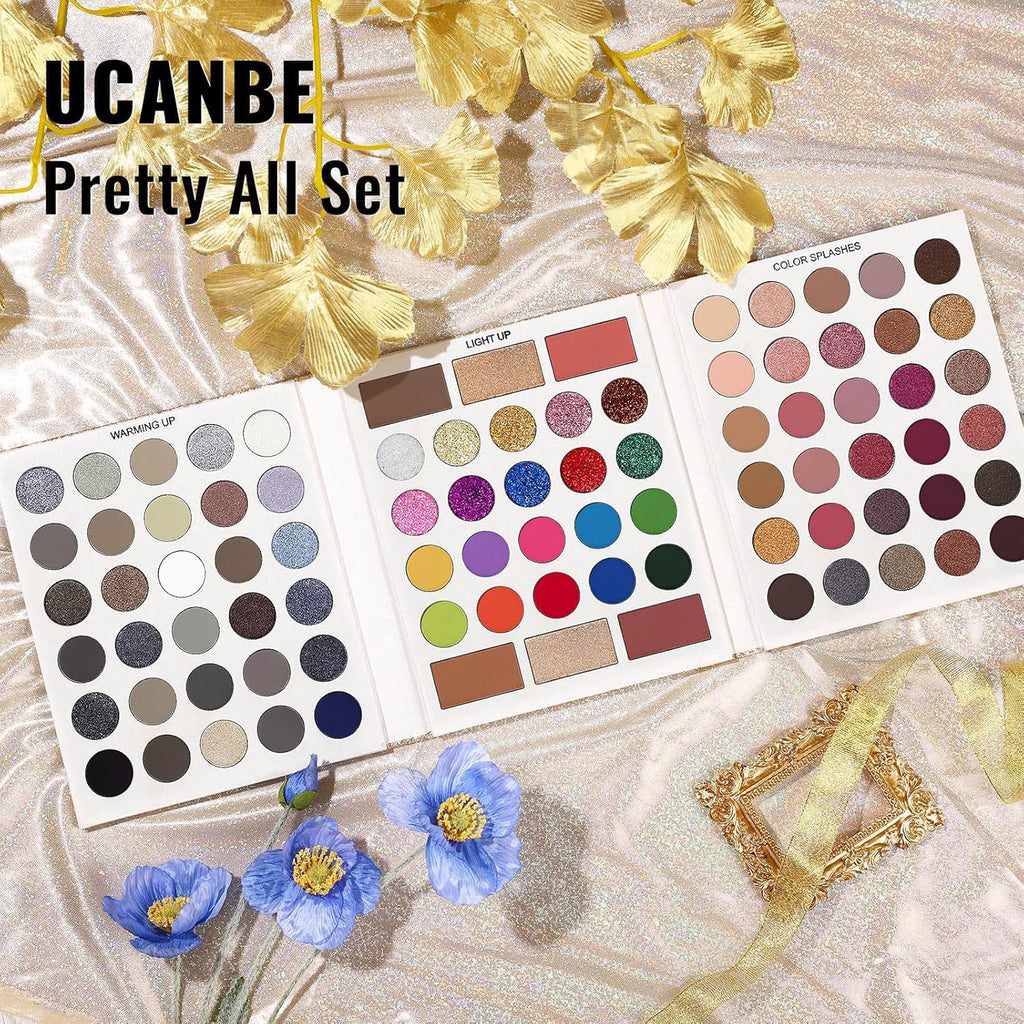 UCANBE Pretty All Set 3 Eyeshadow Palette, All Set 86 Colors Makeup Kit Matte Shimmer Eye Shadow Highlighters Contour Blush Powder All In One Makeup Palette 81.4g