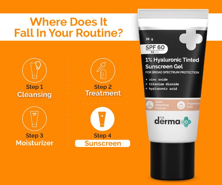 The Derma co 1% Hyaluronic Tinted Sunscreen Gel with SPF 60 & PA++++ for Broad Spectrum Protection - 30g