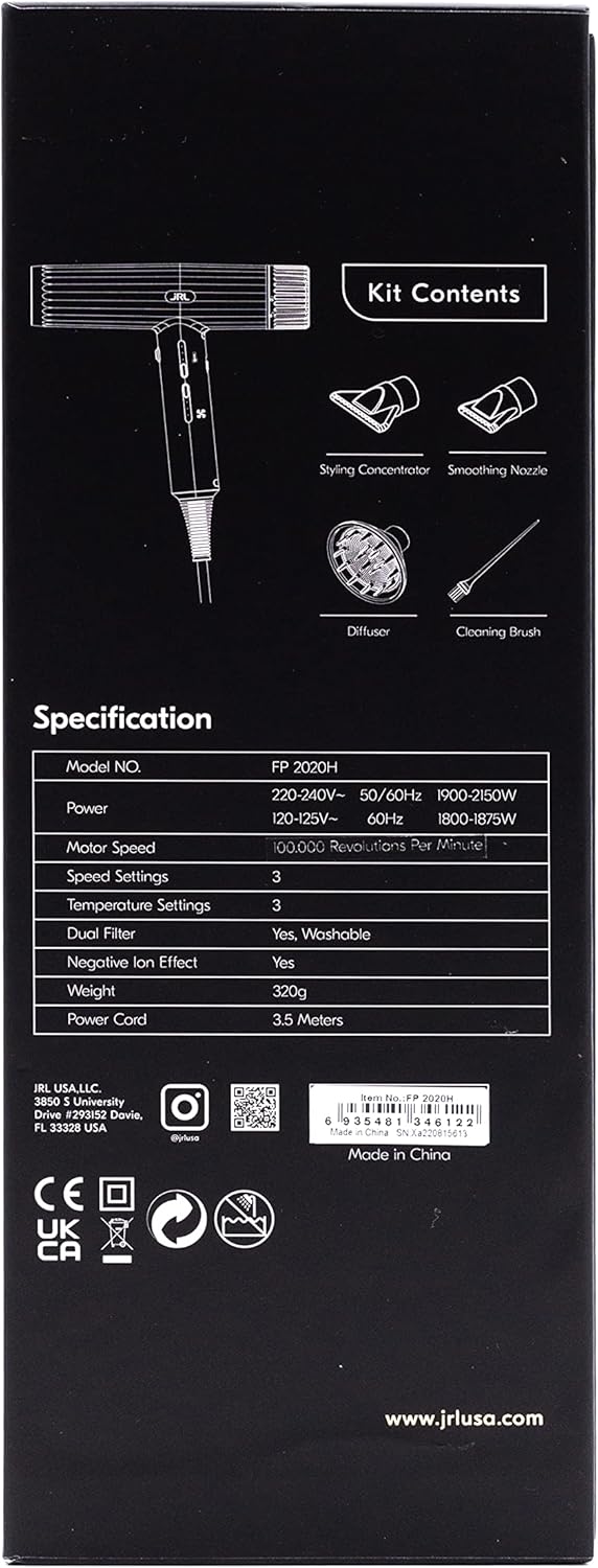 JRL PROFESSIONAL Forte Ultra-Light.Powerful.Efficient Black Hair Dryer