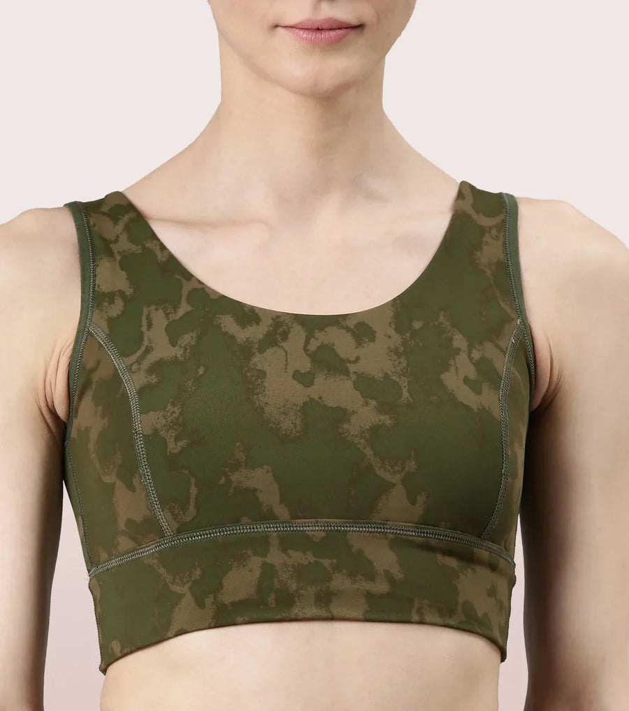 Enamor Longline Sports Bra – Printed | Scoop Neck Medium Impact Dry Fit Sports Bra | Held-in Fit E217