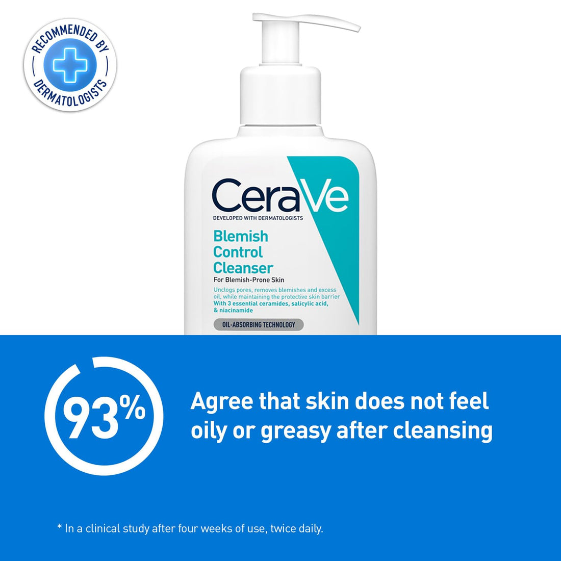 CeraVe Blemish Control Cleanser with 2% Salicylic Acid & Niacinamide for Acne Prone Skin, Controls Acne & Spots, Unclog Pores & Reduces Blemishes, 236ml (Made In France)
